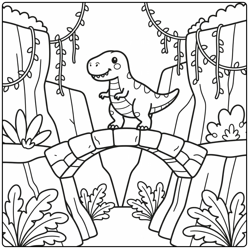 t rex dinosaur coloring page T-Rex crossing stone bridge
