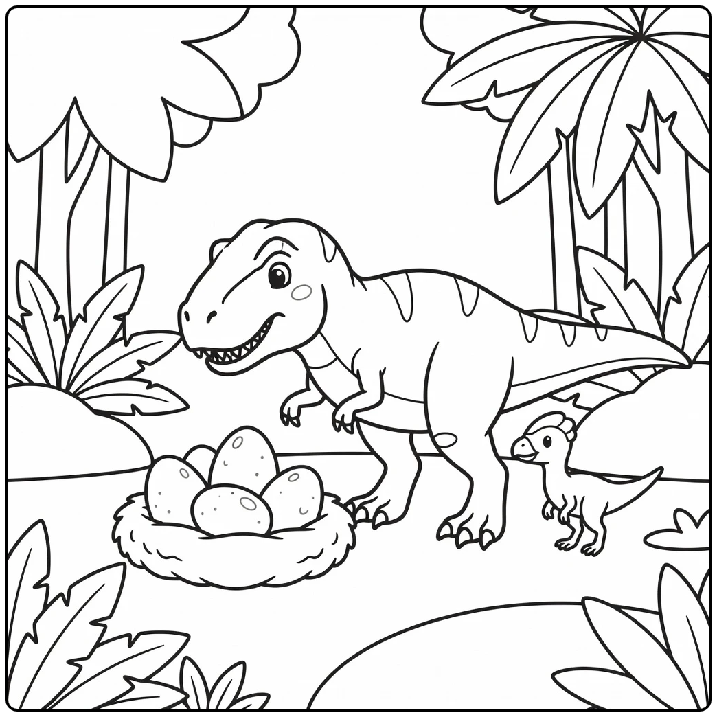t rex dinosaur coloring page with T-rex and Oviraptor at nest