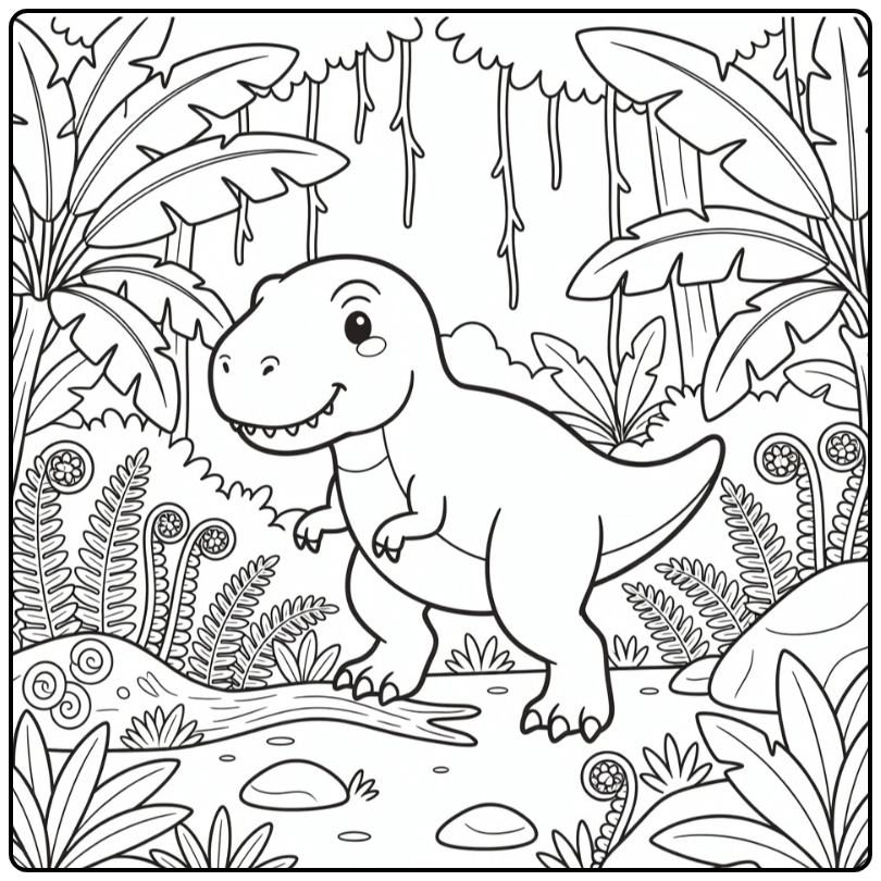 t rex dinosaur coloring page of T-rex in jungle ferns