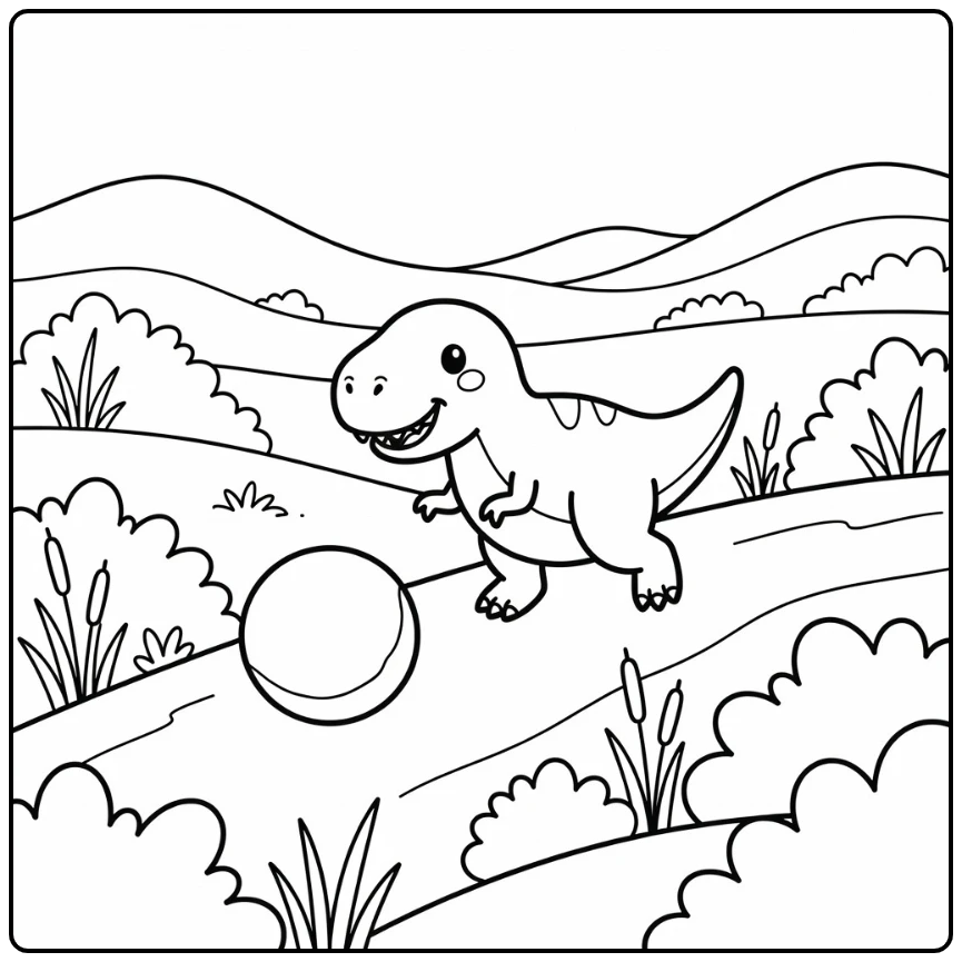 T rex dinosaur coloring page with T-rex chasing stone
