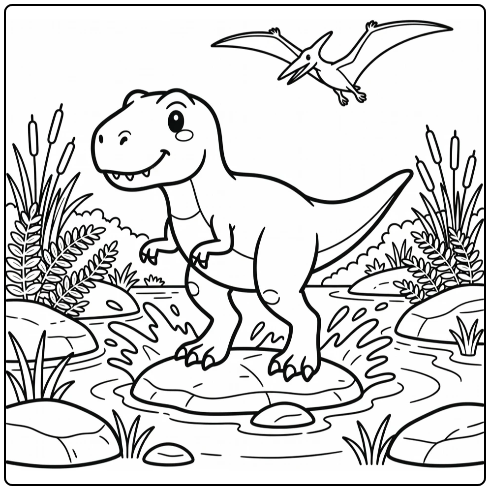 t rex dinosaur coloring page T-rex stepping in stream
