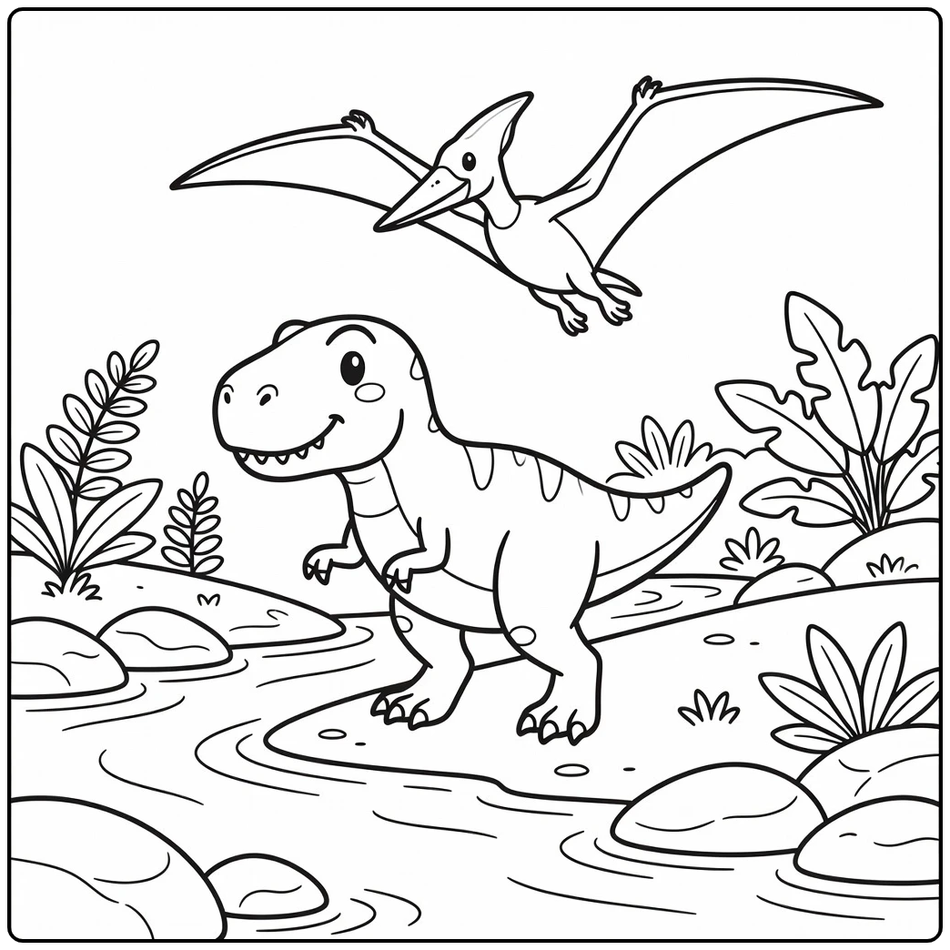 t rex dinosaur coloring page of T-rex by river with Pteranodon