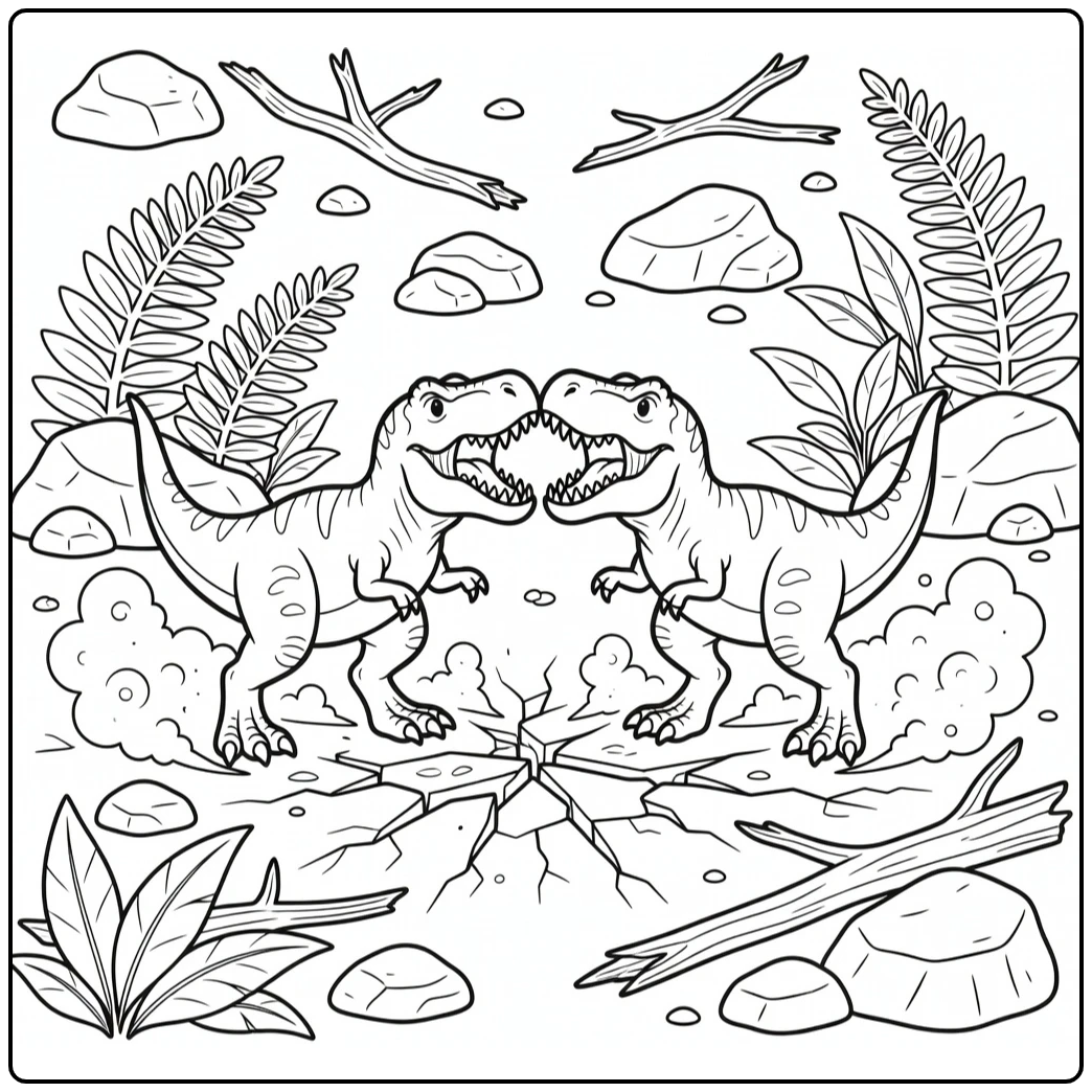 t rex fighting coloring page of two T-Rex in jaw clash