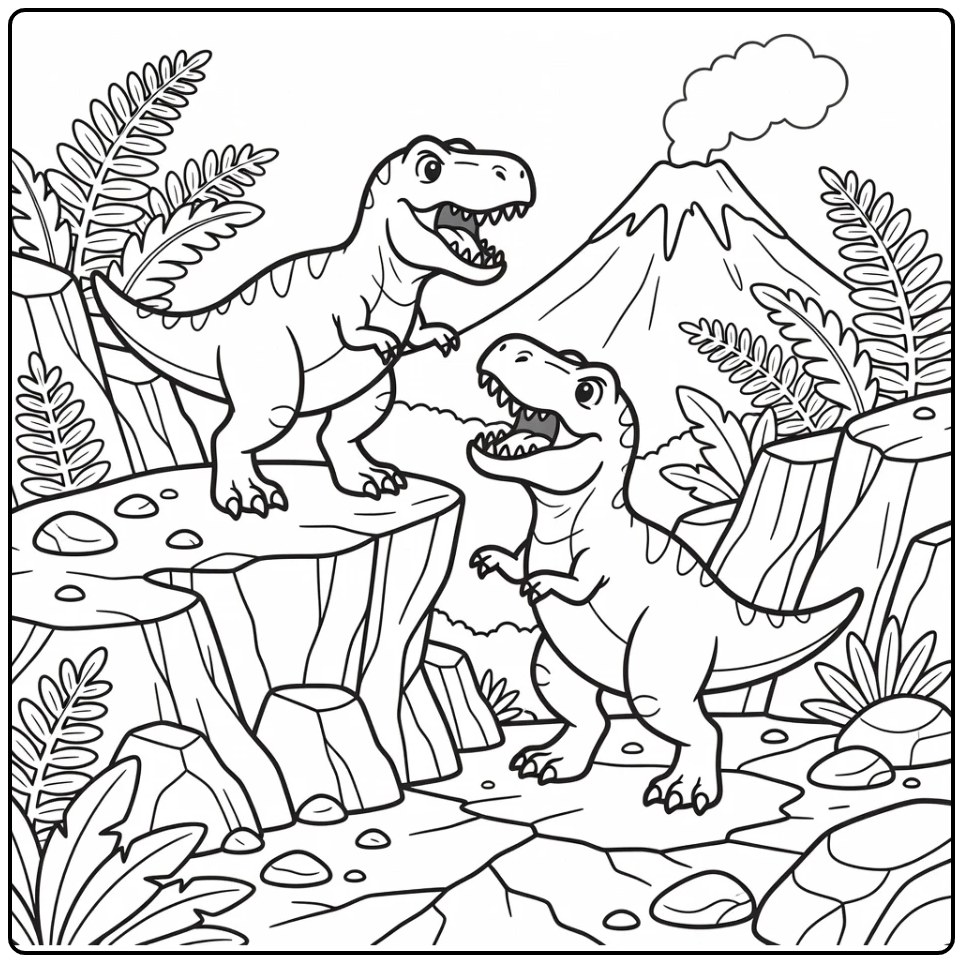 t rex fighting coloring page with battling dinosaurs on ridge
