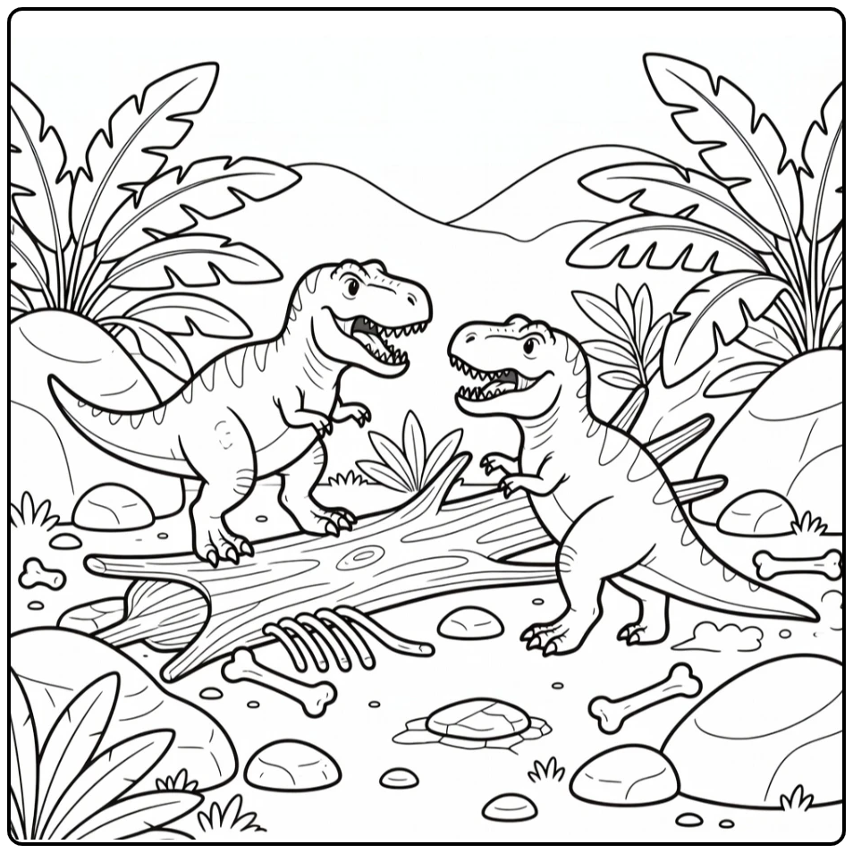 t rex fighting coloring page of two T-Rex near log