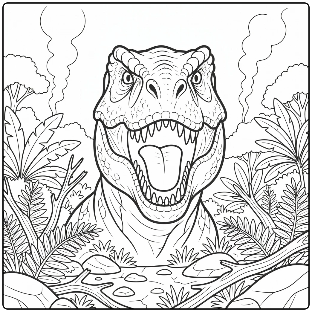t rex head coloring page roaring dinosaur with foliage