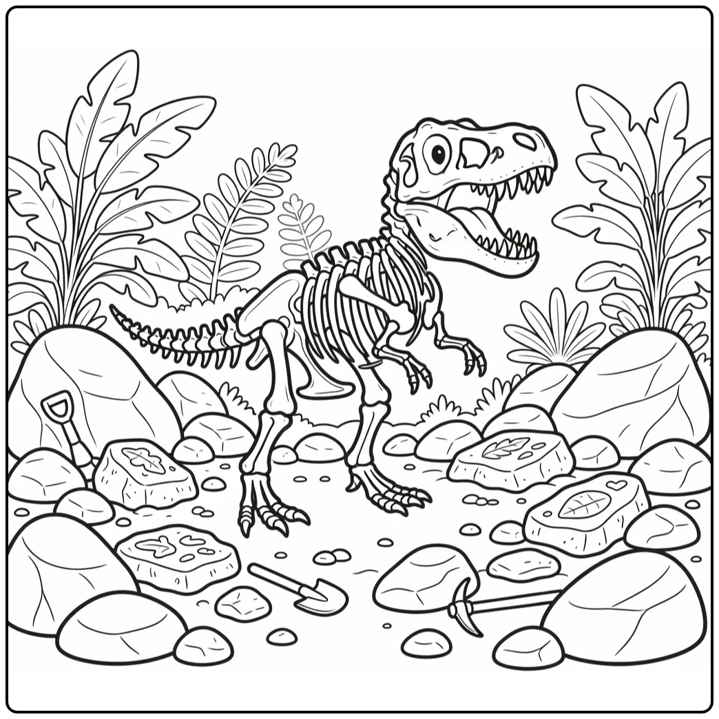 t rex skeleton coloring page roaring at fossil dig site