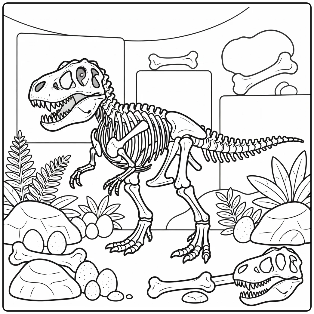 t rex skeleton coloring page in museum dinosaur display