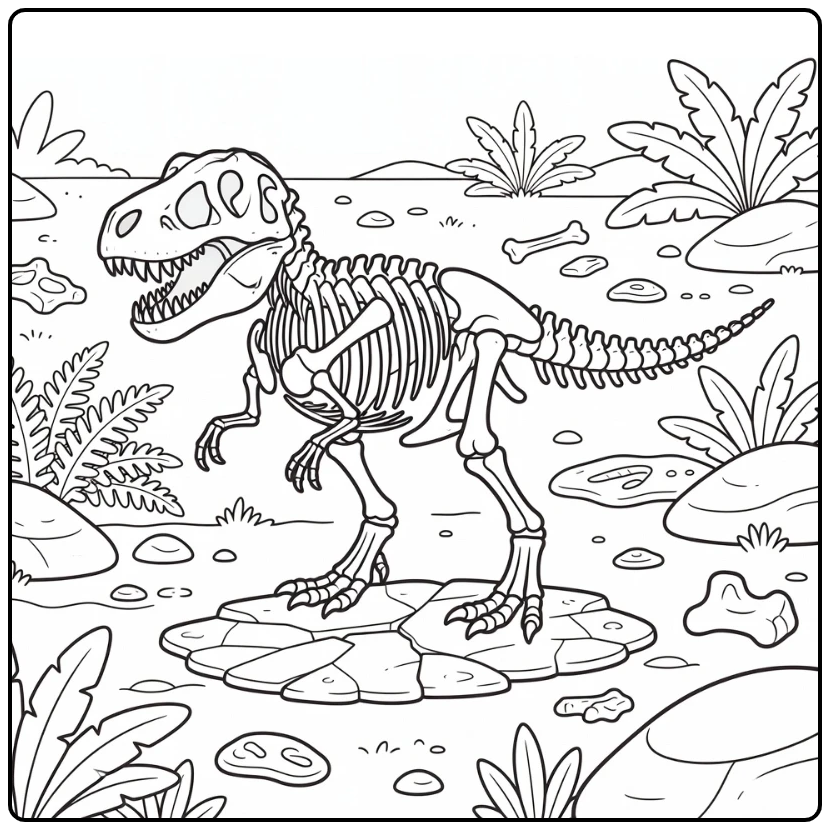 t rex skeleton coloring page of stomping dinosaur in fossils
