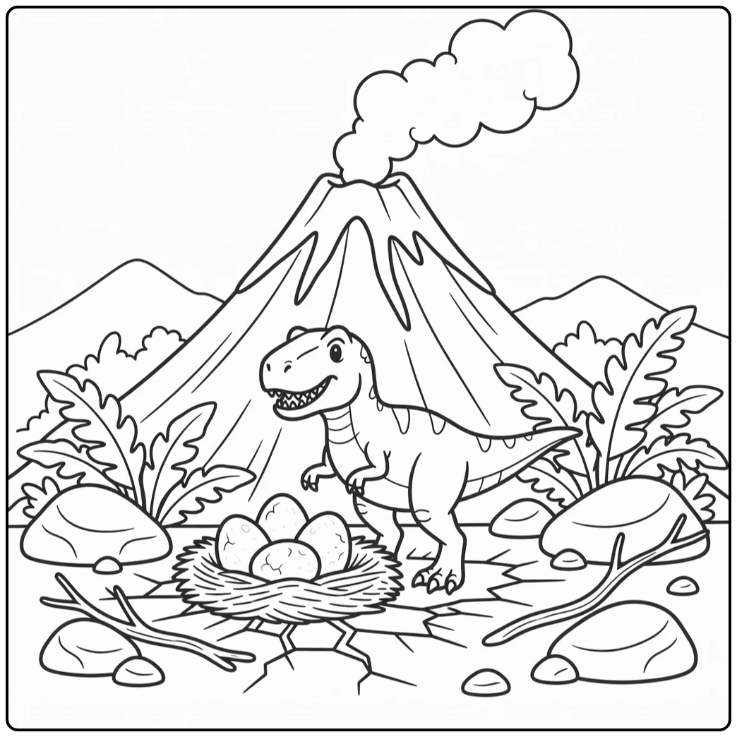 t rex volcano coloring page with T rex guarding eggs