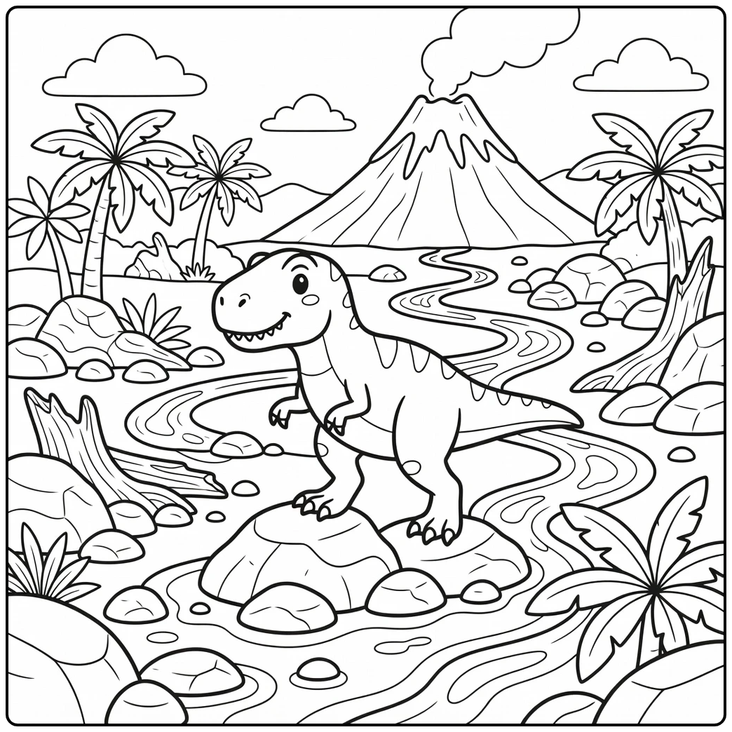 t rex volcano coloring page with T-rex on volcanic rocks