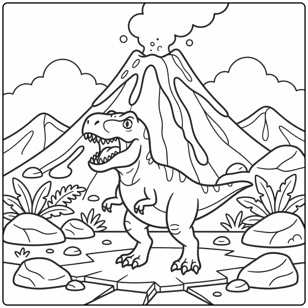 t rex volcano coloring page with roaring T-rex and lava