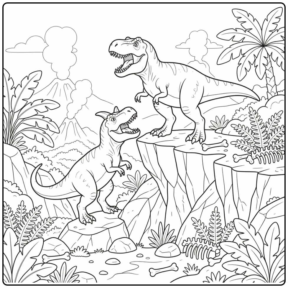 t rex vs carnotaurus coloring page dinosaur battle on cliffs