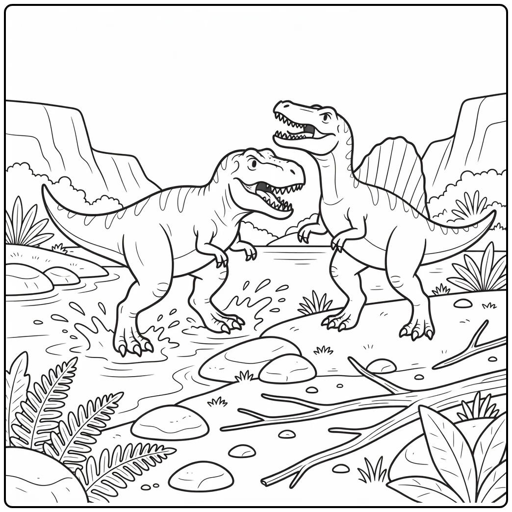 t rex vs spinosaurus coloring page dinosaur river battle