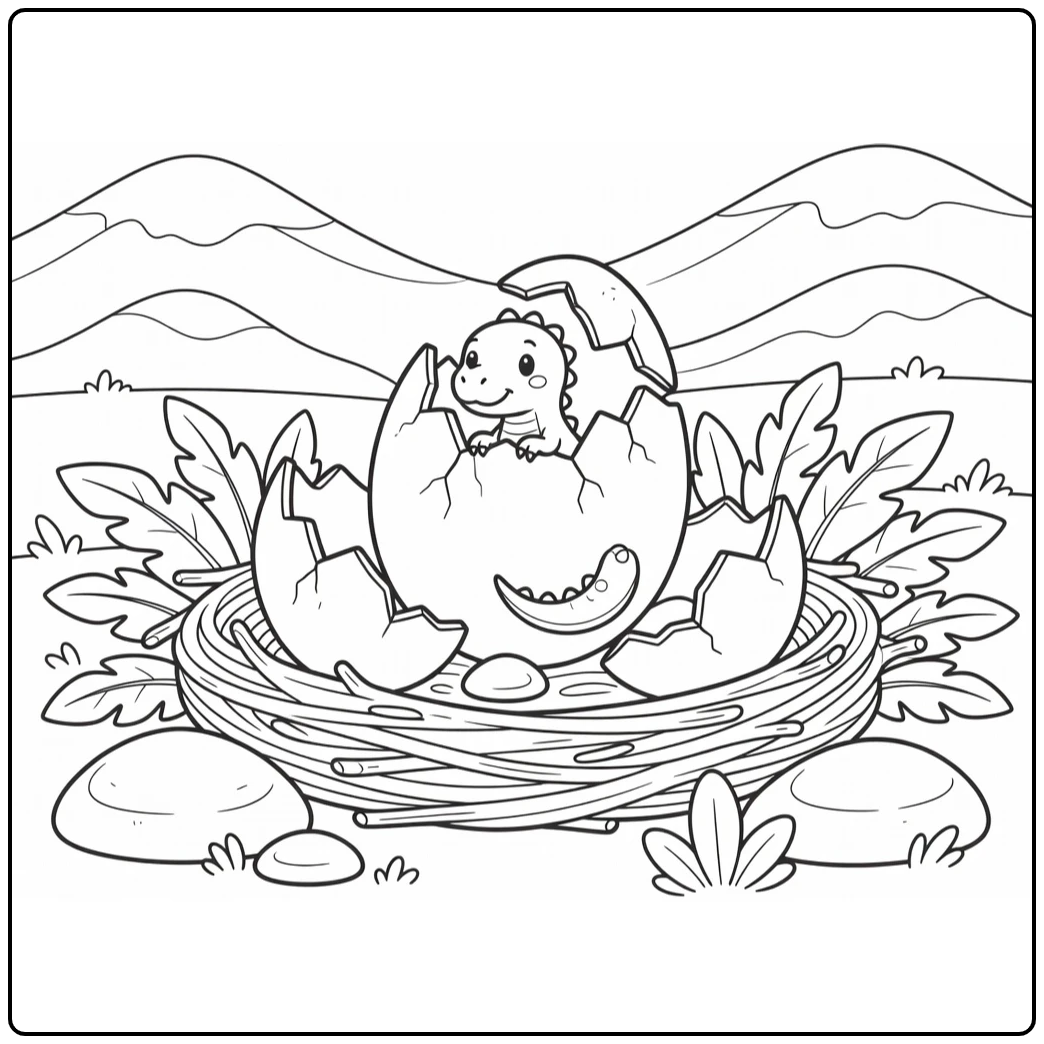 tiny t rex coloring page with dino hatching from egg