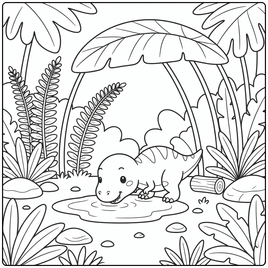 Tiny t rex coloring page with dinosaur at puddle and leaf