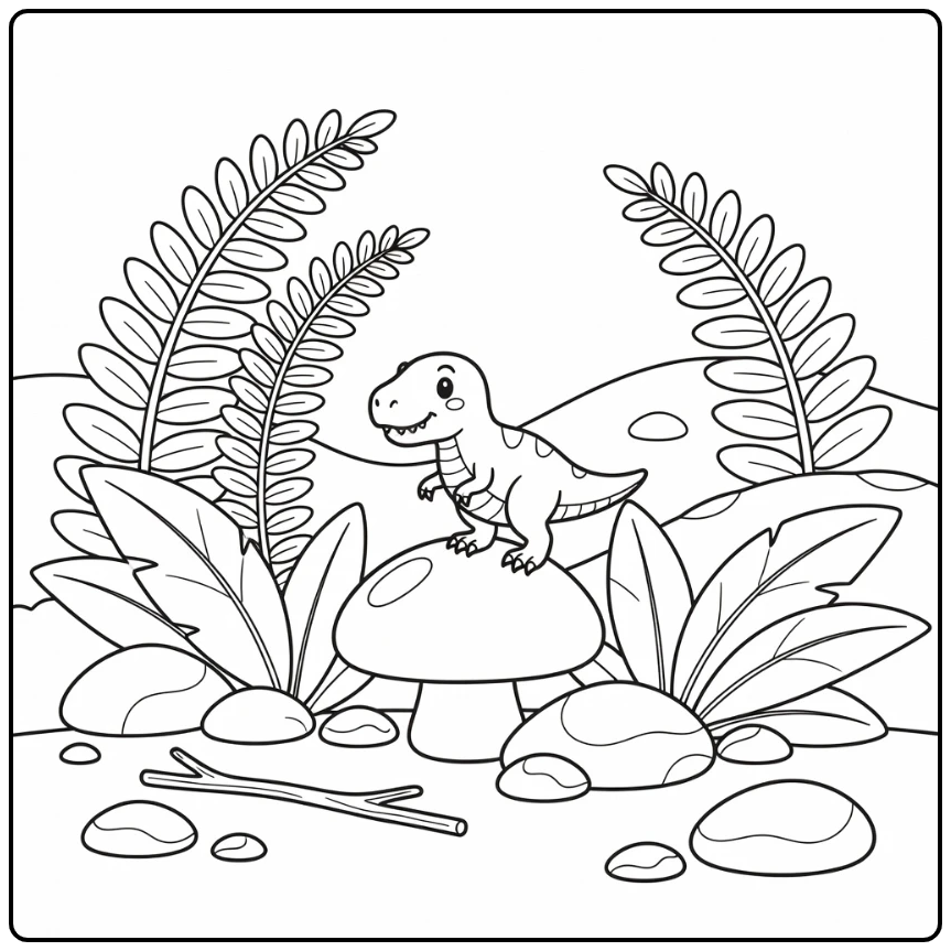 tiny t rex coloring page cute dinosaur on mushroom