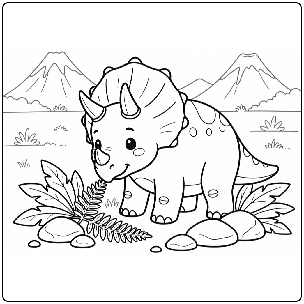 Cartoon dinosaur coloring page of Triceratops nudging fern
