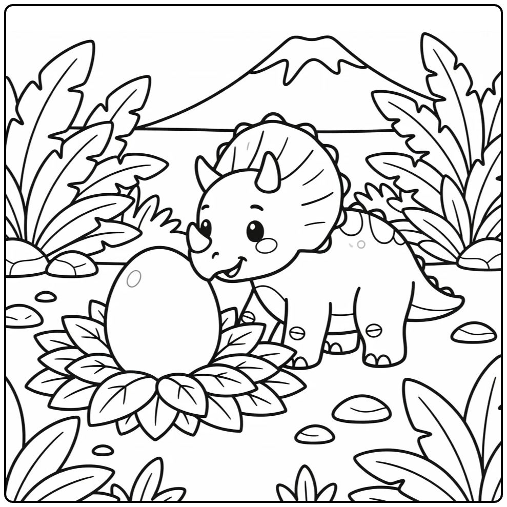 Triceratops coloring page showing dinosaur nudging egg in nest