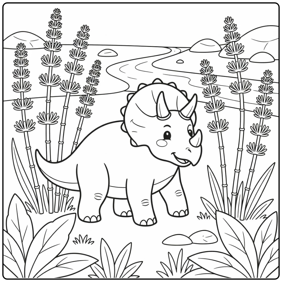 Triceratops coloring page with plants and river bend scene