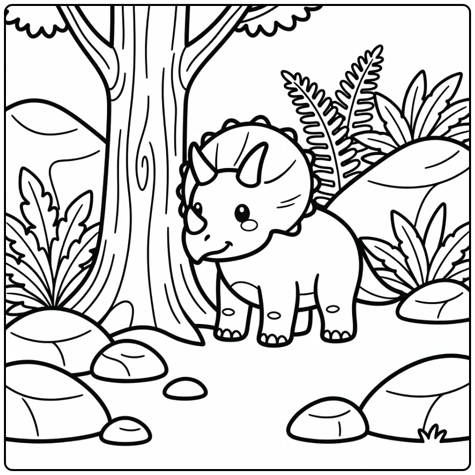 Triceratops coloring page with dinosaur by tree trunk