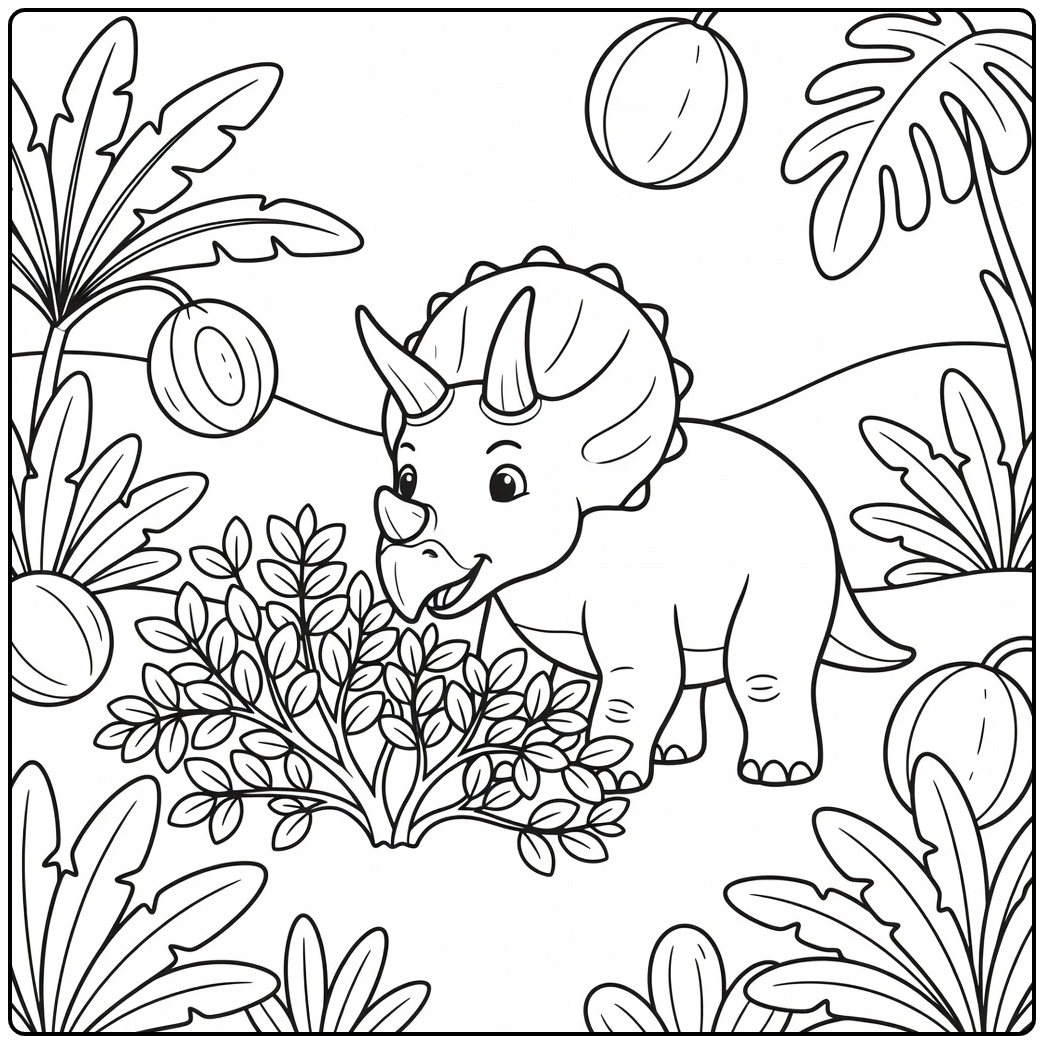 Triceratops coloring page dinosaur eating shrub leaves
