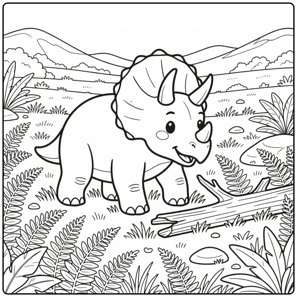 Triceratops coloring page in fern meadow adventure