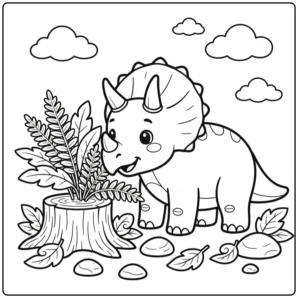 Triceratops coloring page sniffing ferns by tree stump
