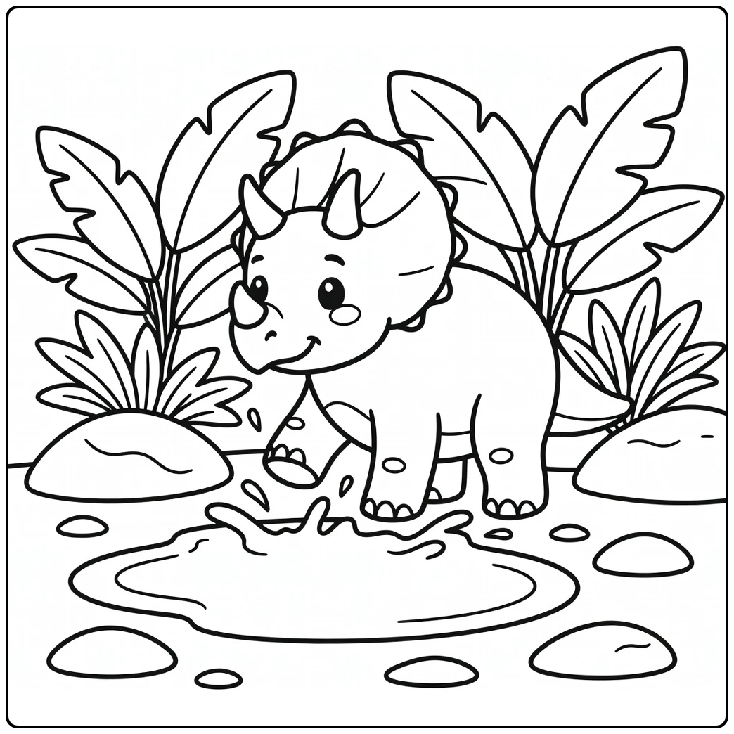 Triceratops coloring page dinosaur near mud puddle with leaves