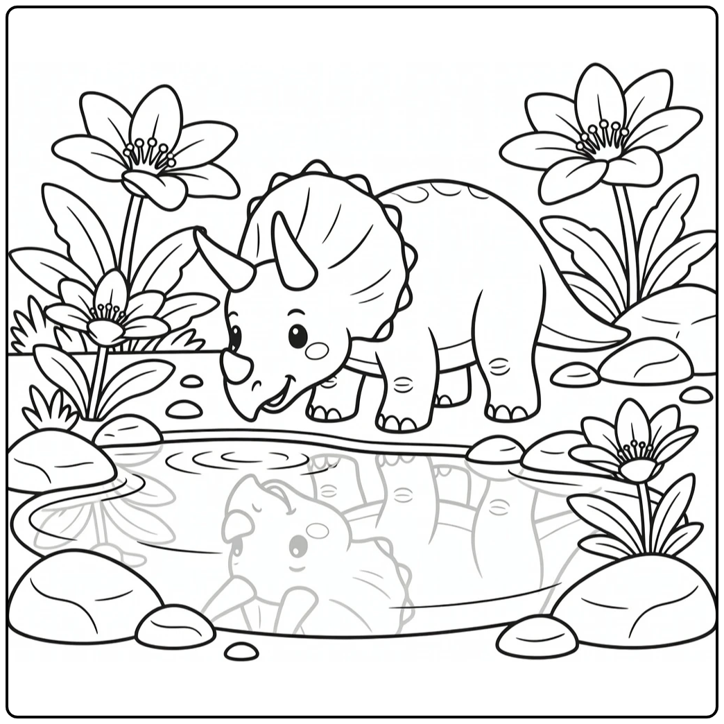 Triceratops coloring page young dinosaur drinking at pond