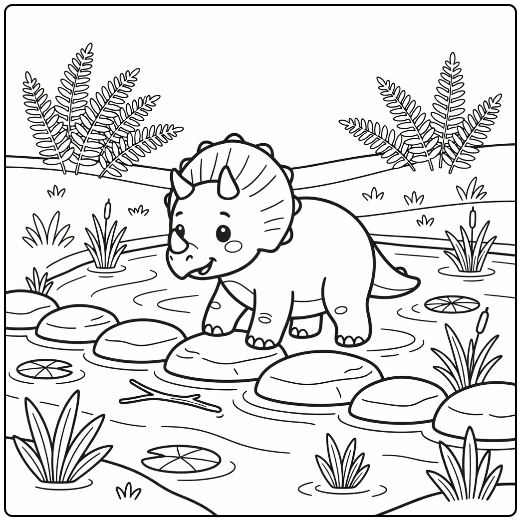 Triceratops coloring page cute dino on stepping stones