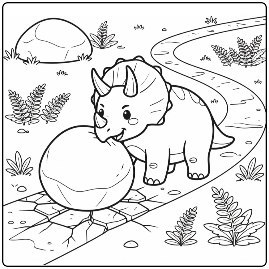 triceratops coloring page dinosaur pushing boulder on trail