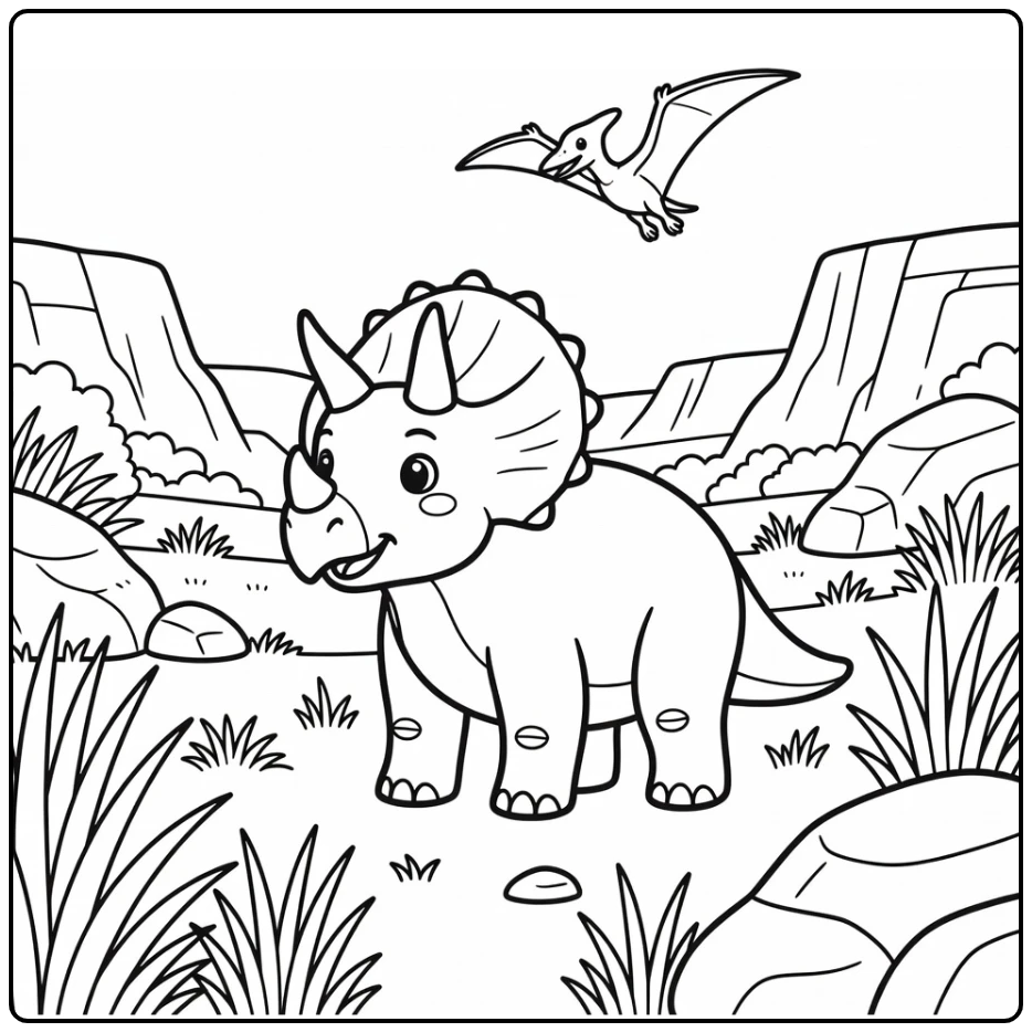 Triceratops coloring page with pterosaur in grassy valley