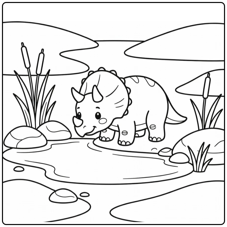 triceratops coloring page for kids dinosaur at pond