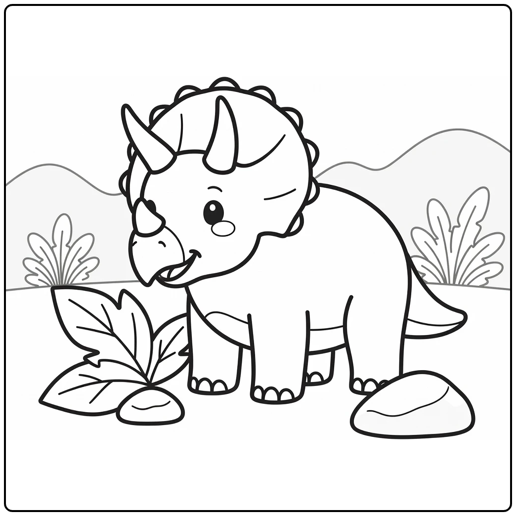 triceratops coloring page for kids cute dino by leaf
