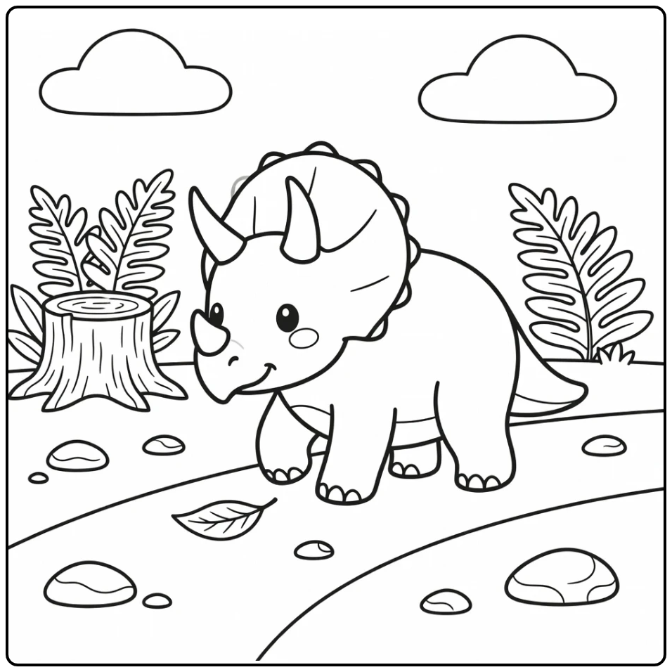 Triceratops coloring page for kids with dinosaur on path