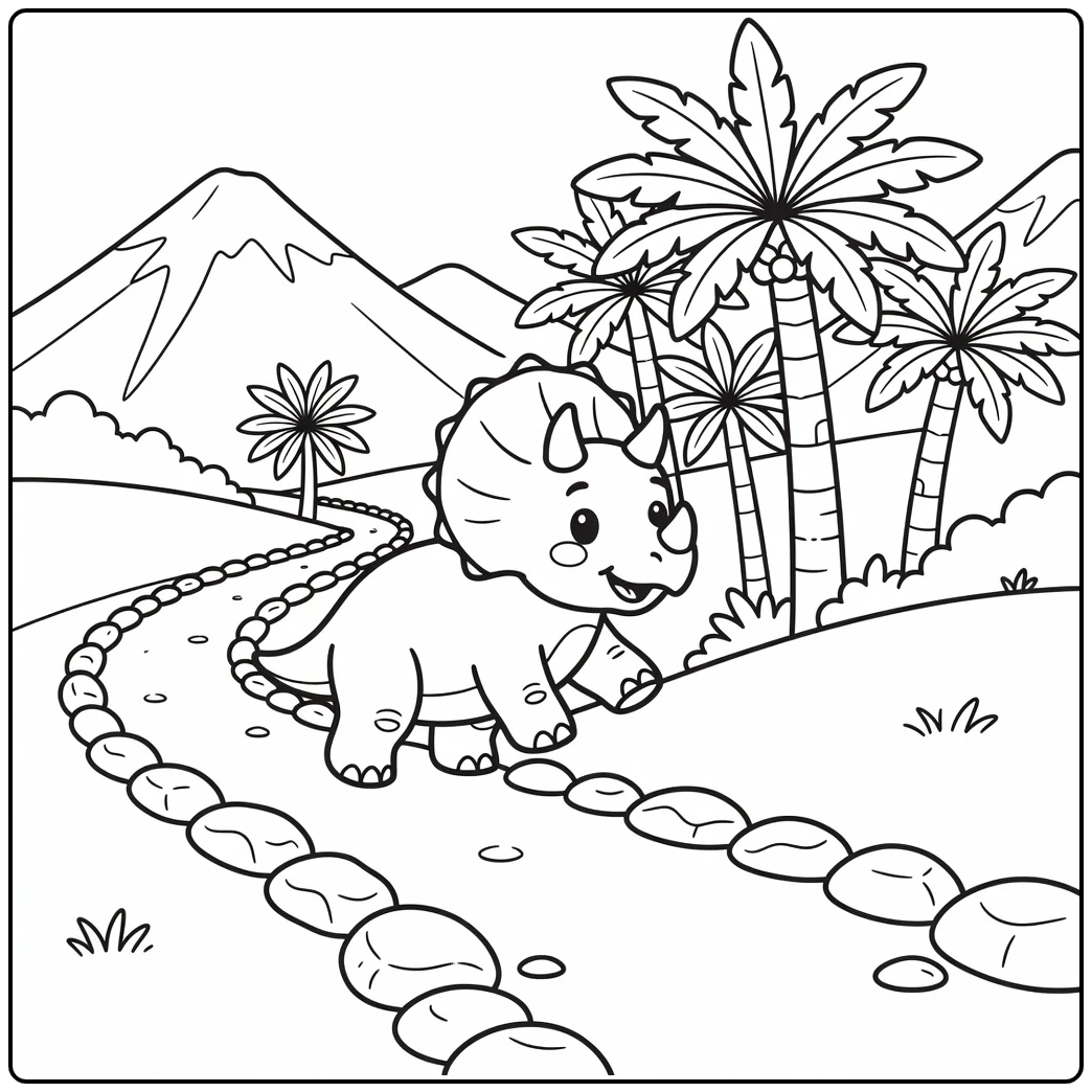 Triceratops coloring page with dino climbing slope to cycads