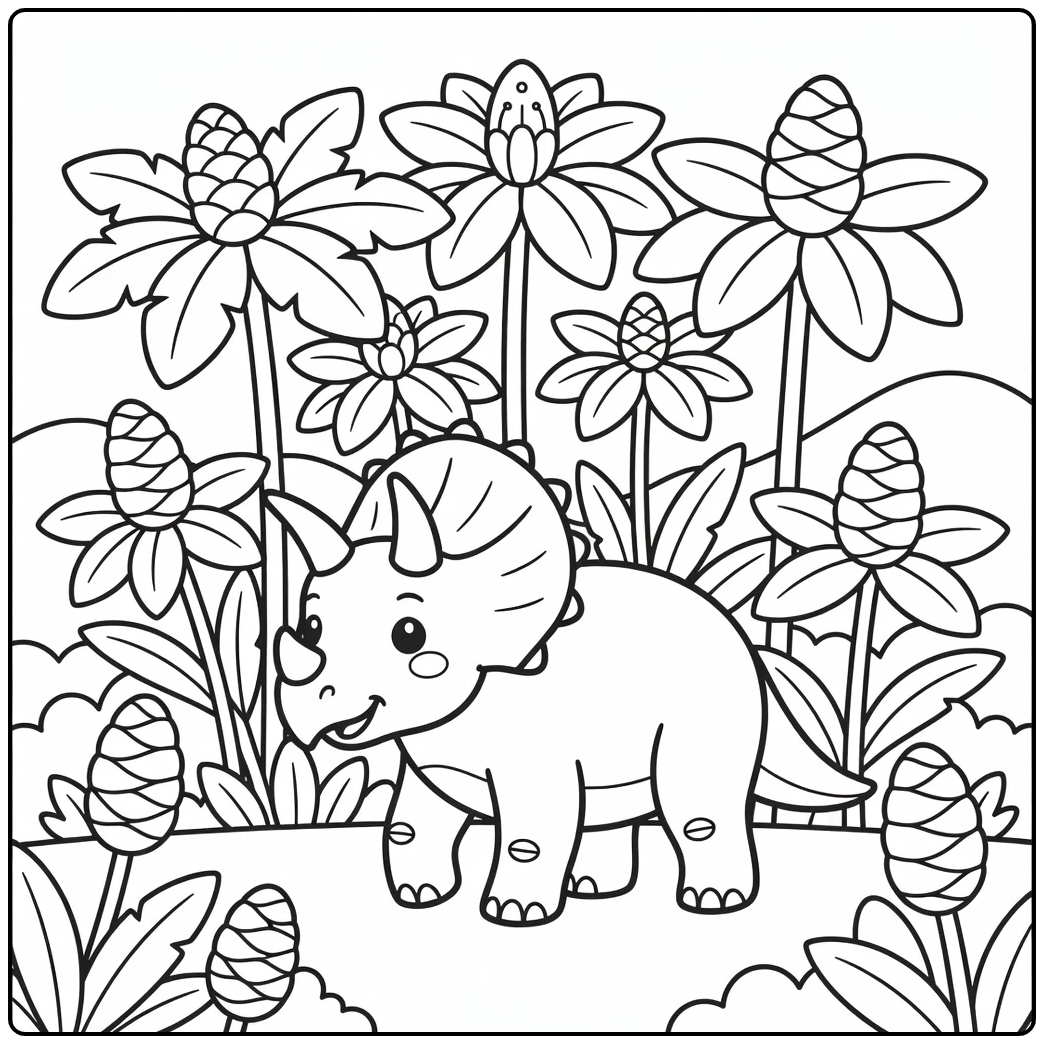 Triceratops coloring page with walking dinosaur and plants