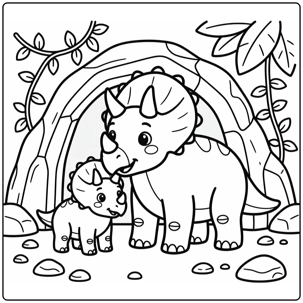 Triceratops coloring page with mother and calf by cave