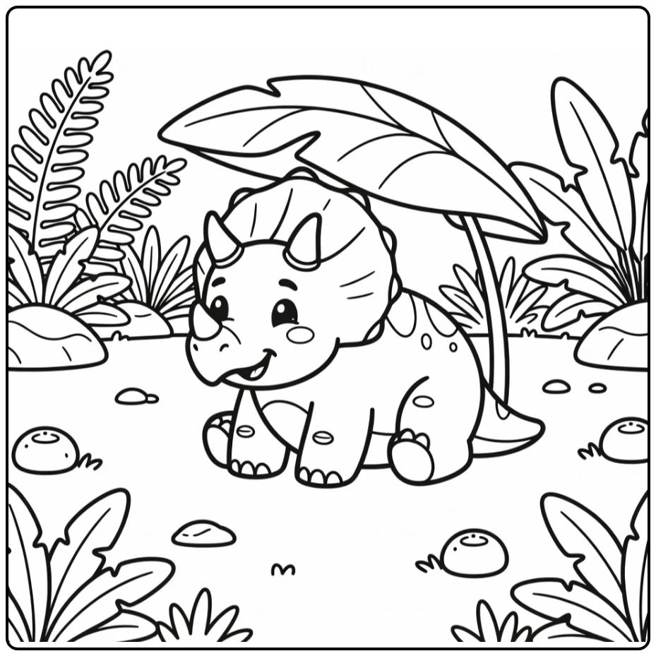 Triceratops coloring page cute dino resting under giant leaf