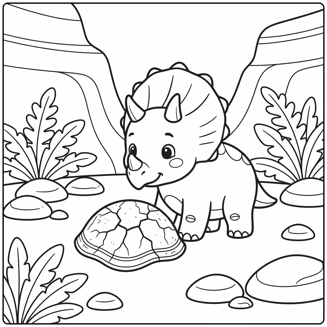 Triceratops coloring page of curious dinosaur and fossil shell