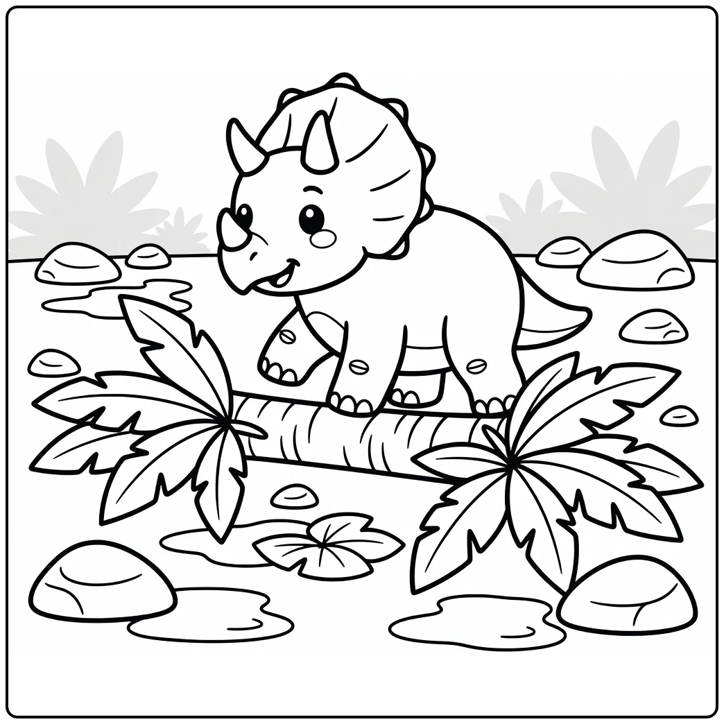 Triceratops coloring page cute dino near storm fallen tree