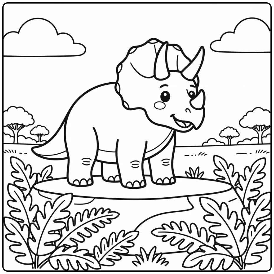 Triceratops coloring page dinosaur on rocky ledge with ferns