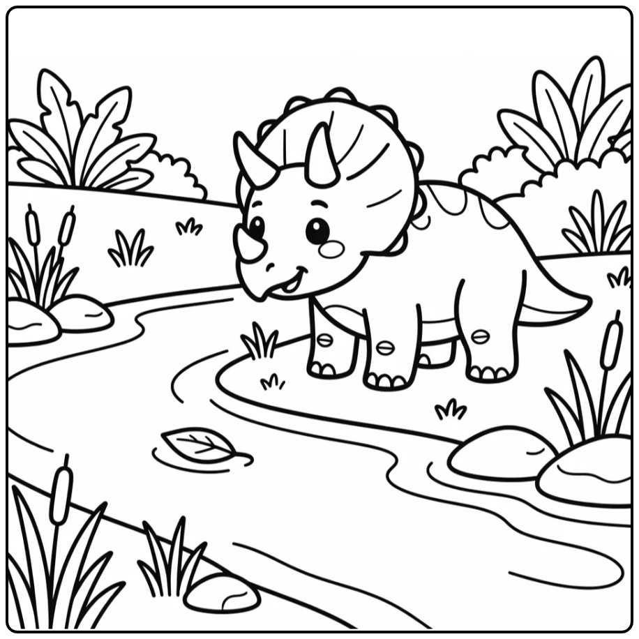 Triceratops coloring page dinosaur watching leaf on river