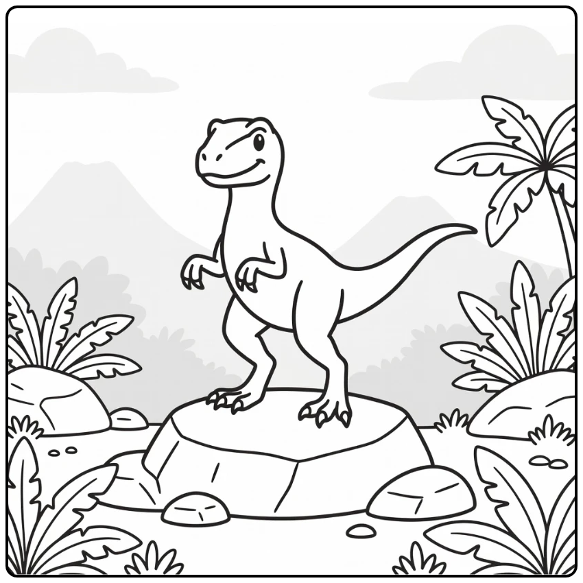 Velociraptor coloring page dinosaur on boulder with volcano