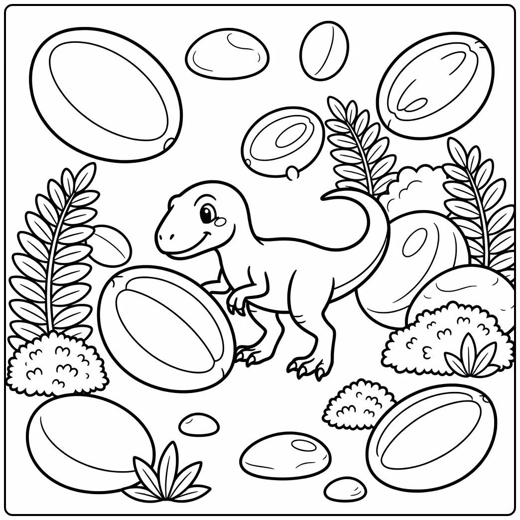 Velociraptor coloring page showing dinosaur nudging seed pod