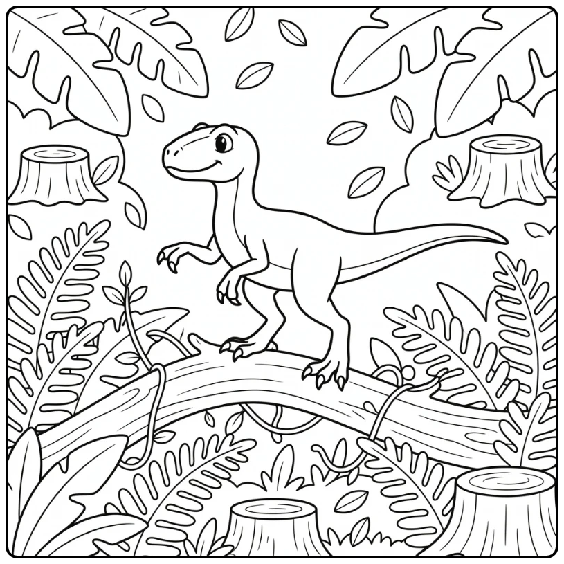 velociraptor coloring page dinosaur on log with ferns