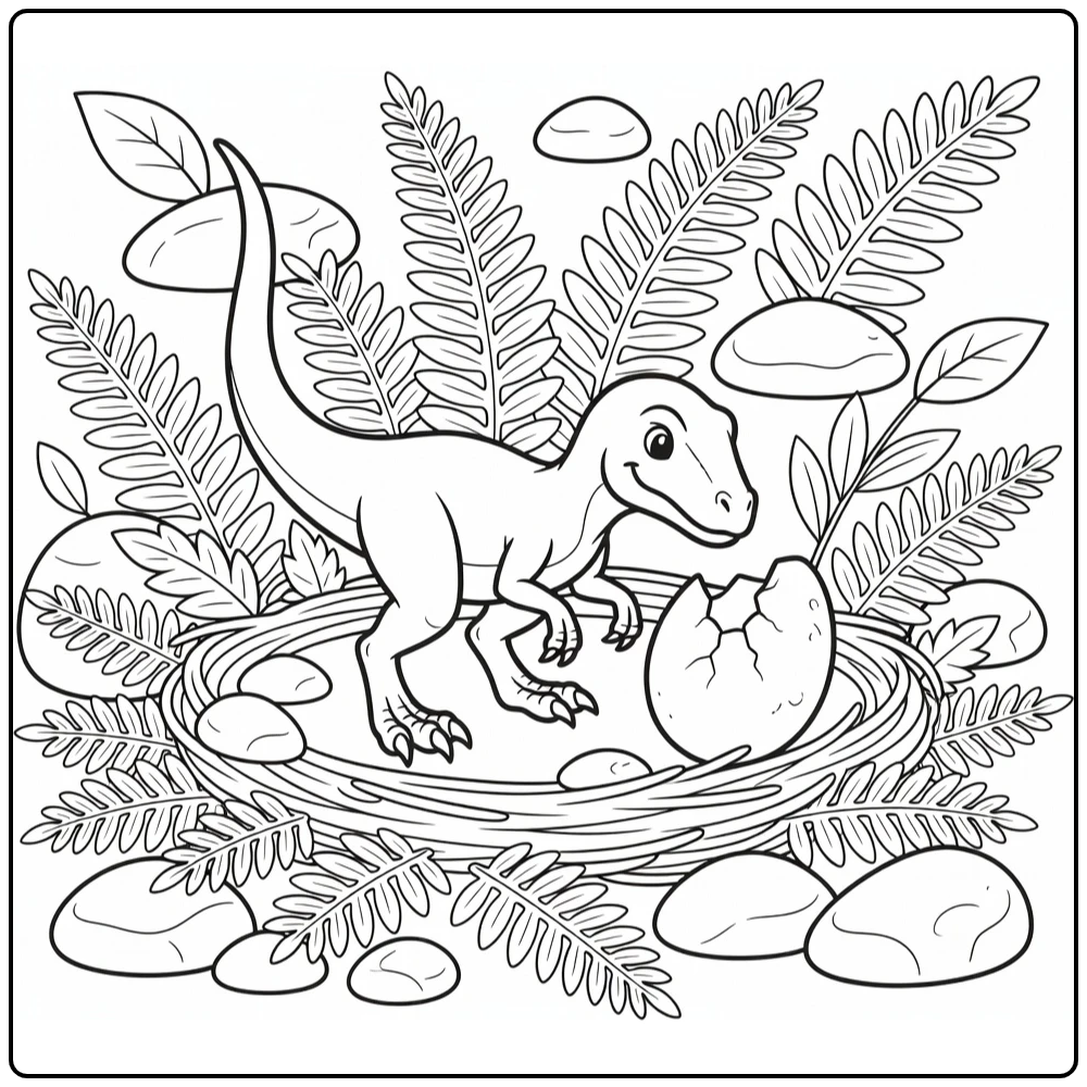 velociraptor coloring page with egg in fern nest
