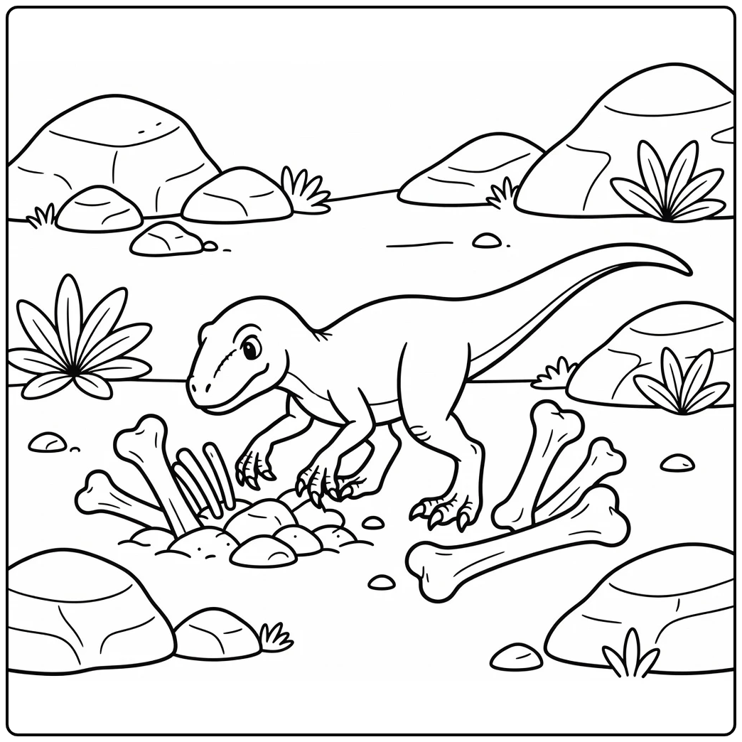 Velociraptor coloring page of dinosaur digging near bones