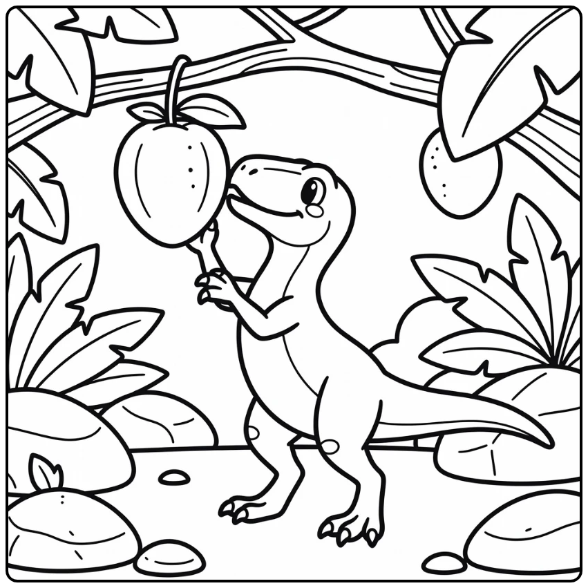 Velociraptor coloring page with cute dino sniffing fruit